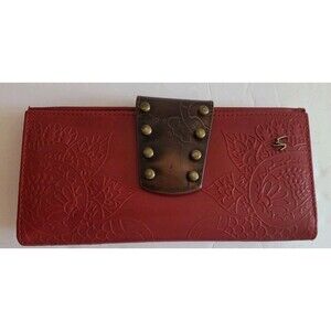 Velez Trifold Wallet Red Tooled Embossed Flowers Boho Western  Artisanal Cottage